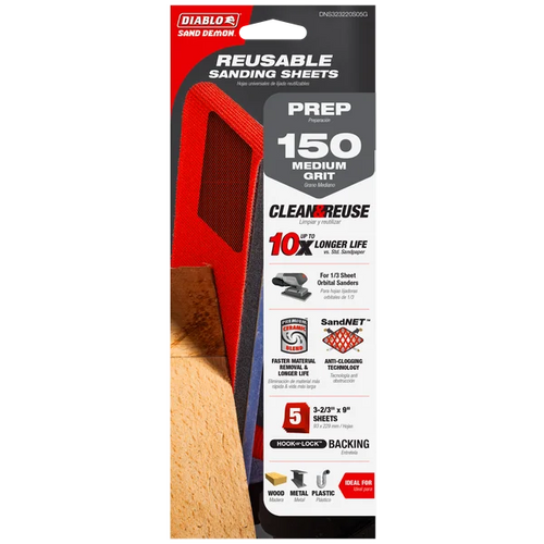 Diablo 1/3 Sheet Sand Demon™ 150-Grit Reusable Sanding Sheets (5-pk)